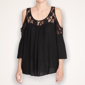 AQUA Black Lace Trim Cold Shoulder Top